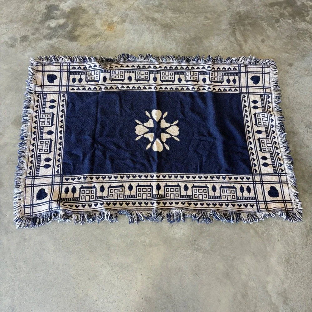 Vtg Woven Tapestry Throw Blanket Navy Blue Cream Folk Art House Heart Fringe